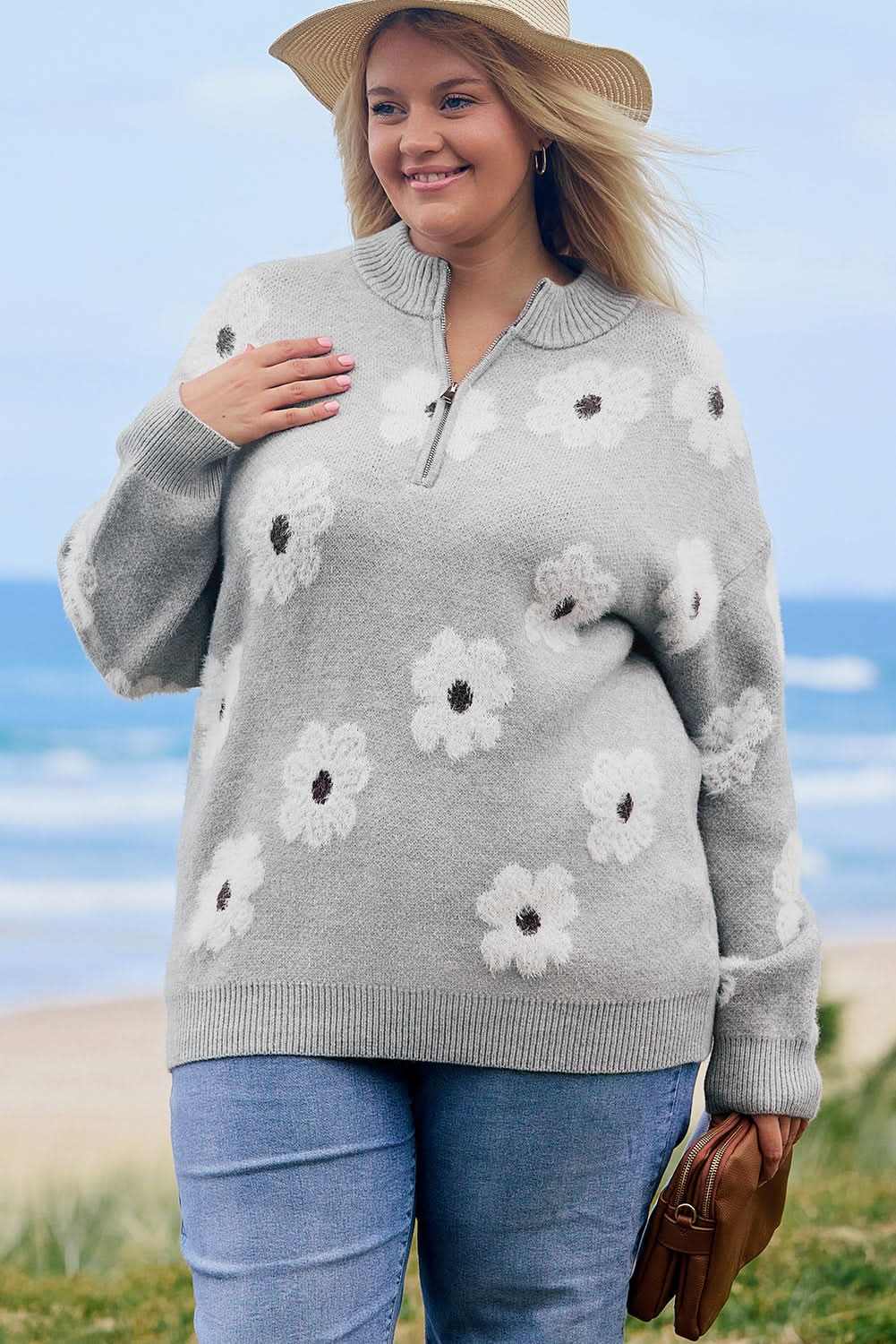 Gray floral embroidered plus size sweater - Love Salve